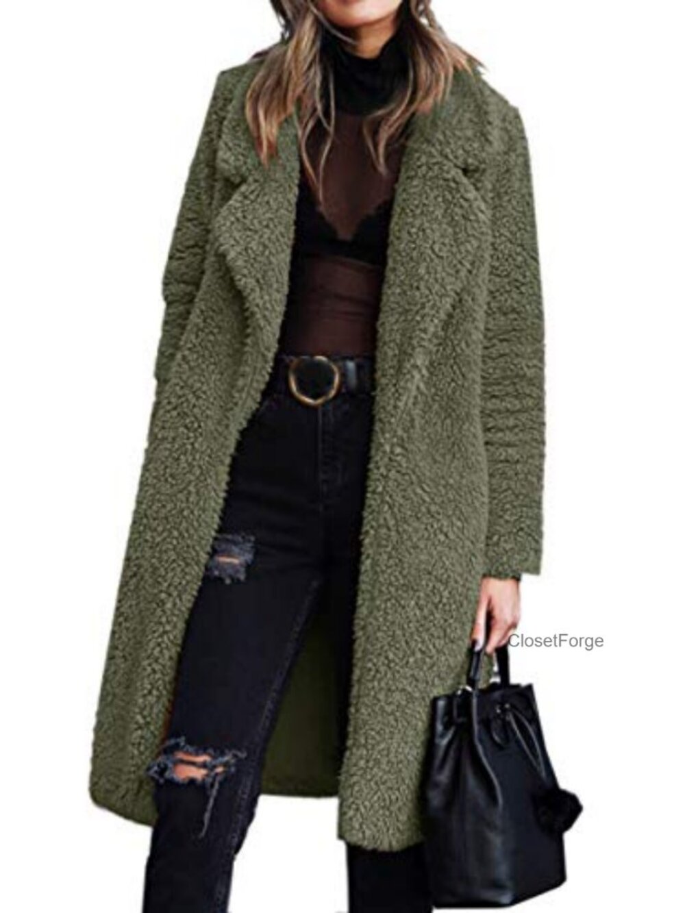 Fuzzy Fleece Lapel Open Front Long Cardigan Coat Faux Fur Warm Winter Outerwear